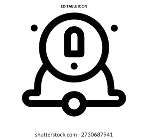 Icono de línea negra simple de una campana con un signo de exclamación, que representa una notificación.
