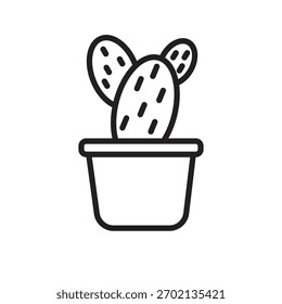 Simple black line icon of a cactus in a pot, drawn in a minimal and clean outline style