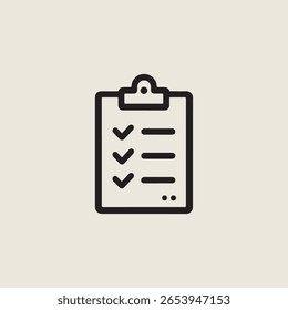 Um simples ícone de linha preta de uma área de transferência com uma lista de verificação em um fundo branco. O estilo é minimalista e plano. Três marcas de seleção indicam tarefas concluídas.