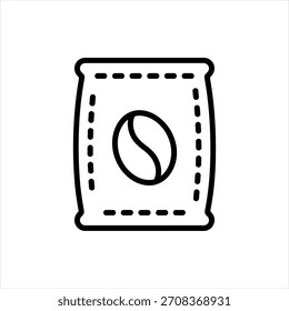 Icono de línea negra simple de una bolsa de café con un símbolo de grano de café