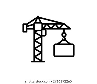 Un simple icono de línea negra de una grúa de construcción con un bloque colgante, que simboliza la construcción y las actividades industriales.