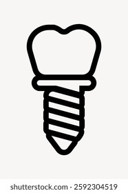 Simple black line icon of a dental implant. The implant icon features a screw base and tooth top. Dental implant symbol on a plain white background. User interface icon vector.