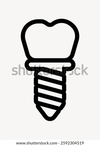 Simple black line icon of a dental implant. The implant icon features a screw base and tooth top. Dental implant symbol on a plain white background. User interface icon vector.