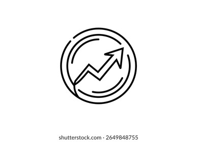 A simple black line icon depicting a rising arrow within concentric circles, symbolizing growth, progress, and upward trends. This graphic is isolated on a white background.