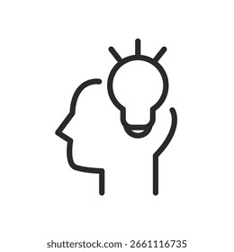 A simple black line icon depicting a human head profile with a glowing lightbulb symbolizing a new idea or inspiration.