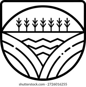 Icono de línea negra simple que representa un paisaje de granja con campos y árboles. Ideal para empresas agrícolas, Sitios web, App o contenido de redes sociales relacionado con la agricultura, la naturaleza o la vida rural. Ideal para logotipos y marcas.