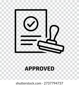 A simple black line icon depicting a document with a checkmark and a rubber stamp on a transparent background with grey and white checkered pattern