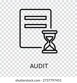 A simple black line icon depicting a document and an hourglass on a transparent background, conveying the concept of audit, deadline, and time management in a minimalist style