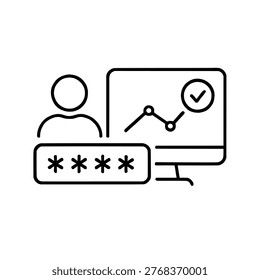 A simple black line icon depicting a person entering a password on a computer with a graph displayed on the screen, indicating data analysis or security
