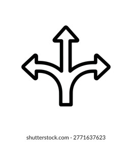 A simple black line icon depicting three arrows diverging from a single point, symbolizing options and pathways.