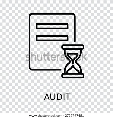 A simple black line icon depicting a document and an hourglass on a transparent background, conveying the concept of audit, deadline, and time management in a minimalist style