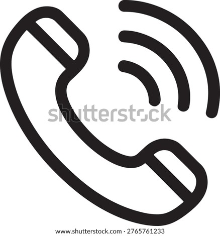 A simple black line icon depicting a phone with signal waves, representing communication, call, and connectivity
