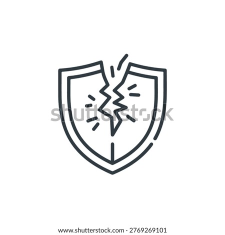 A simple black line icon depicting a shield with a large crack, symbolizing security failure, damage, or vulnerability.