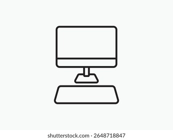 Simple black line icon of a desktop computer with keyboard. Perfect for tech, IT services, digital workspace, web design, and user interface projects.