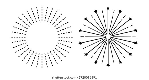 Einfaches schwarzes Liniensymbol von Feuerwerken einzeln auf transparentem Hintergrund im Comic-Skizzen-Doodle-Stil. Feiertag, mehrere Explosionen über reflektierendem ovalem Untergrund für Neujahrsfeier.