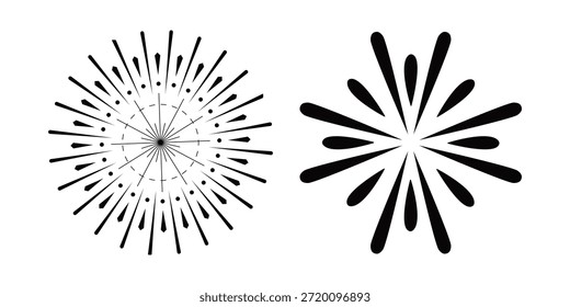 Icono de línea negra simple de fuegos artificiales aislados sobre fondo transparente en estilo de dibujo cómico. Festiva, múltiples explosiones sobre la base oval reflectante para la celebración del Nuevo año.