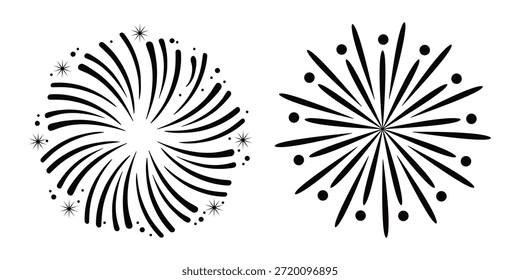 Simples ícone de linha preta de fogos de artifício isolados sobre fundo transparente em estilo de desenho cômico doodle. Feriado, Múltiplas Explosões sobre a Base Oval Reflexiva para a Celebração do Ano Novo.