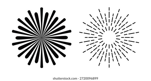Simple black line icon of fireworks isolated on transparent background in comic sketch doodle style. Holiday,  Multiple Explosions Over Reflective Oval Base for New Year Celebration.