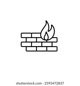 Simple black line icon of a flame on a brick wall. represents fire safety and caution signs.