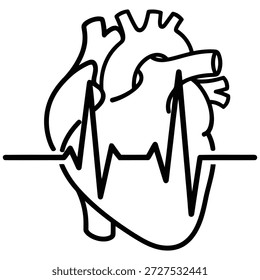 A simple black line icon of a human heart combined with an electrocardiogram (EKG) waveform.