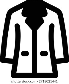 Simple black line icon of a lab coat. Ideal for healthcare, medical, science, education, or clothing related projects. Use for websites, presentations, social media, or advertising.