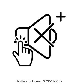 Icono de línea negra simple de un altavoz silenciado con una mano presionando un Botón y un signo más, sobre un fondo blanco.