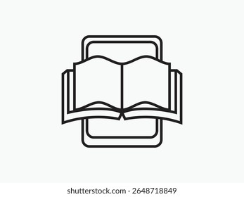 Einfaches schwarzes Liniensymbol eines geöffneten Buches auf einem Tablet. Perfekt für digitale Bibliotheken, eBook-Apps, Online-Lernplattformen und Lerntechnologiedesigns.