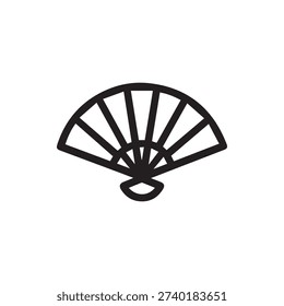 A simple black line icon of an open hand fan. This minimalist vector graphic represents cooling, tradition, and elegance. Isolated on a white background.