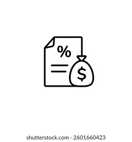 A simple black line icon of a paper with a percentage symbol and a money bag. Represents loans, taxes, or finance.