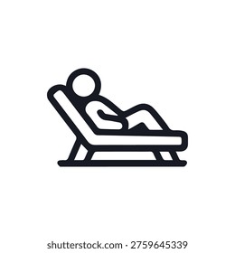 A simple black line icon of a person lounging on a beach chair. Symbolizes relaxation, vacation, leisure, rest, and taking a break. Vector graphic.