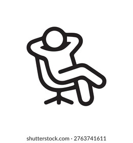 A simple black line icon of a person relaxing in a chair. The figure is leaning back with hands behind their head, symbolizing comfort and rest.