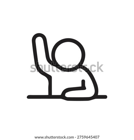 A simple black line icon of a person raising their hand at a desk. This vector graphic represents a student, participation, questions, or volunteering.