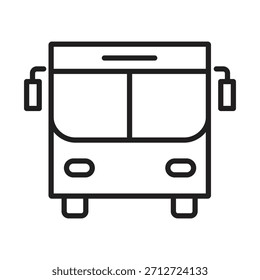 Einfaches schwarzes Linien-Symbol eines öffentlichen Busses oder Reisebusses, von vorne gesehen. Minimalistisches Vektorsymbol für Massentransit- und Reisedienstleistungen.
