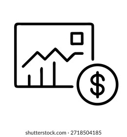 Simple black line icon representing financial market performance analysis alongside a distinct dollar coin symbolizing investment growth opportunities