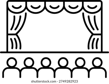 Simple black line icon representing a theater stage with curtains and audience members sitting in front.