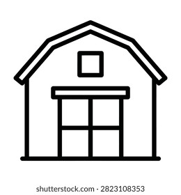 A simple black line icon of a rustic barn building, featuring a large door and a small window. Perfect for agricultural branding, farming websites, and rural design.