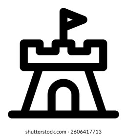 A simple black line icon of a sand castle, symbolizing summer beach creativity