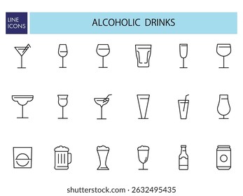 A simple black line icon set featuring various alcoholic drink containers, including cocktail glasses, wine glasses, beer mugs, bottles, and cans. Perfect for use in bar menus, restaurant designs.