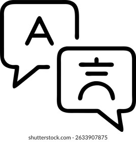 A simple black line icon showing two speech bubbles, one with the letter A and the other with a foreign language symbol, representing communication.