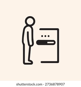 A simple black line icon showing a person standing next to a terminal with a loading bar, symbolizing waiting, progress, and user interaction.