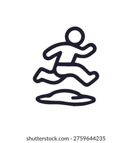 A simple black line icon showing a stylized person running and jumping over a puddle. This vector graphic represents action, agility, and overcoming obstacles.
