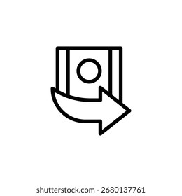 El icono de línea negra simple muestra una flecha que gira alrededor de un bloque que contiene un círculo, transportando la rotación o la redirección en un fondo blanco ideal para el diseño de la interfaz.