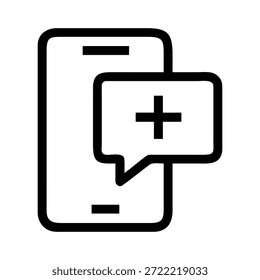 Icono de línea negra simple de un teléfono inteligente que muestra una burbuja de mensaje con un símbolo más.