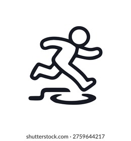 A simple black line icon of a stylized person jumping over a puddle or hole. This vector graphic represents overcoming obstacles, risk, and progress.
