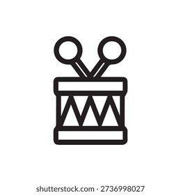A simple black line icon of a toy drum with a zigzag pattern and two drumsticks. Ideal for music, childhood, and entertainment themes.