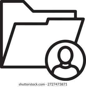 Un simple icono de línea negra de dos carpetas de archivos apiladas con un icono de perfil de usuario circular delante sobre un fondo blanco puro