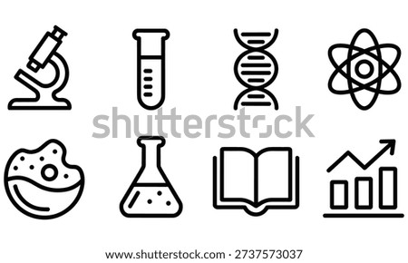 Simple black line icons depict scientific equipment and concepts such as microscopes, test tubes, DNA, atoms, cells, and educational materials on a clean white background, suitable for educational or laboratory settings to represent various scientific disciplines.