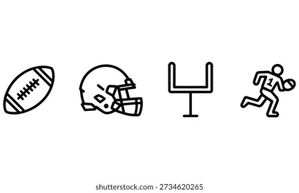 Simple black line icons depicting elements of american football including a football, helmet, goal post, and player in action on a white background perfect for sports related themes and designs.