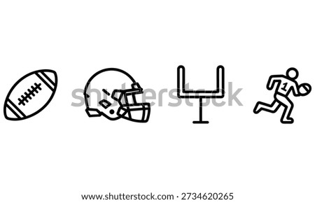 Simple black line icons depicting elements of american football including a football, helmet, goal post, and player in action on a white background perfect for sports related themes and designs.
