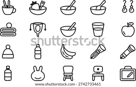 Simple black line icons featuring everyday items like food, drink, clothing, and other miscellaneous objects on a white background.